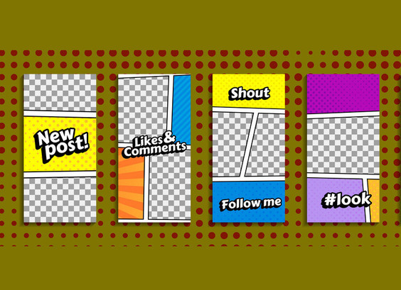 Editable stories templates for smartphone. Stream cover. Comic book, pop art style. Isolated, vector