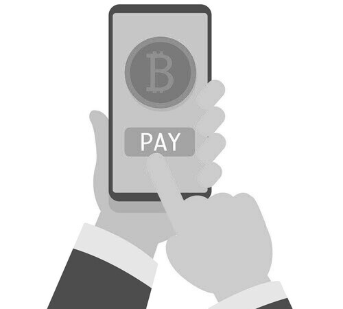 Online bitcoin payment concept. Businessman holding smartphone with bitcoin currency. Vector flat illustration eps10